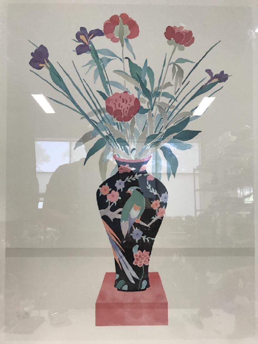 HARRY SOVIAK Poster Print: Print depicts a multi toned vase standing on a pink base with a floral arrangement. Print reads HARRY SOVIAK FOR ORION EDITIONS. Contains gold toned metal frame. Measures approx 38 inches tall 25 inch