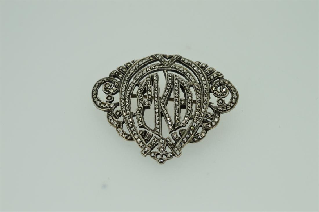 Vintage Sterling Silver & Marcasite Intial Pin: Initials FKD, 9.0 dwt, 1 3/4" x 1 1/2" long