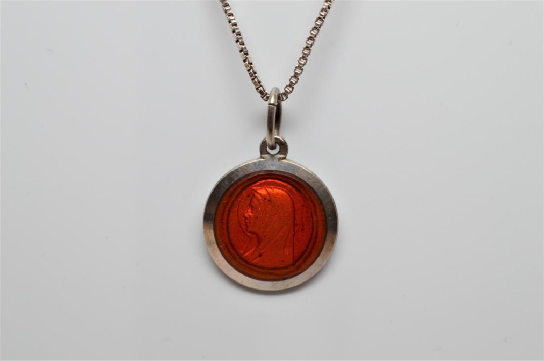 Virgin Mary Medallion Necklace: Set in .925 sterling silver on box link chain made in Greece, 3.2 dwt