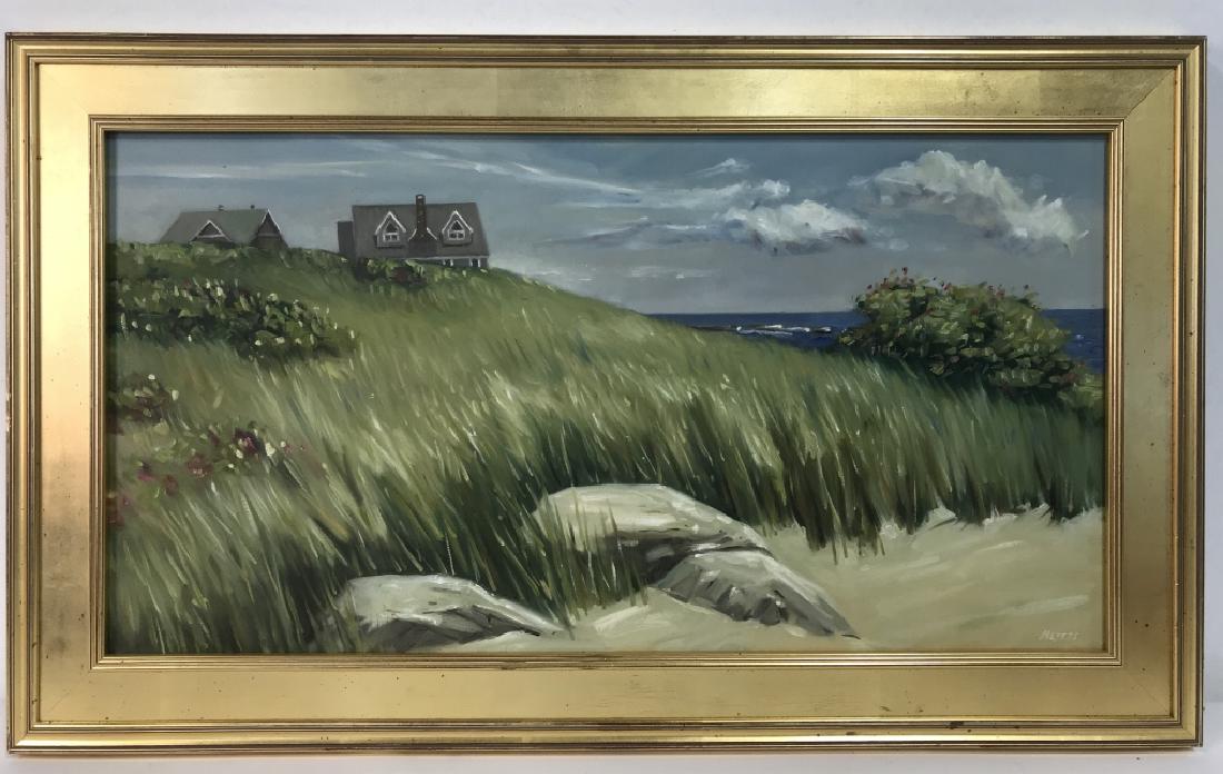 Framed Oil On Cavas Seaside Painting by MEYERS: Framed Oil On Cavas Seaside Painting Signed Meyers in lower right corner. A painting depicting a seaside scene of sand dunes, beach grass, rocks, houses and water framed in a gold toned frame. No cond