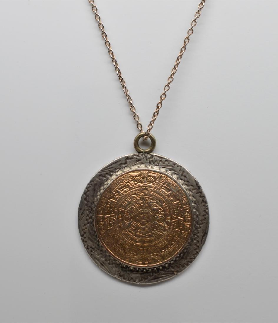 SterlingSilver Necklace wGold Plated Mayan Pendant: 7.2 dwt TW; made in Mexico, 18" long necklace; pendant is 1 & 1/4"