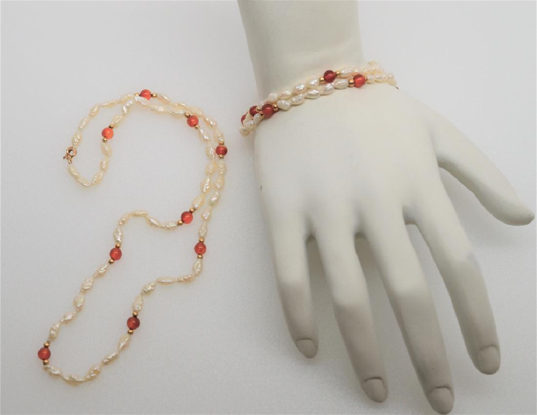 Seed Pearl Necklace & Bracelet Set: Seed pearl necklace with orange beads & 2 matching bracelets, 15" long necklace, 6 1/2" long bracelets