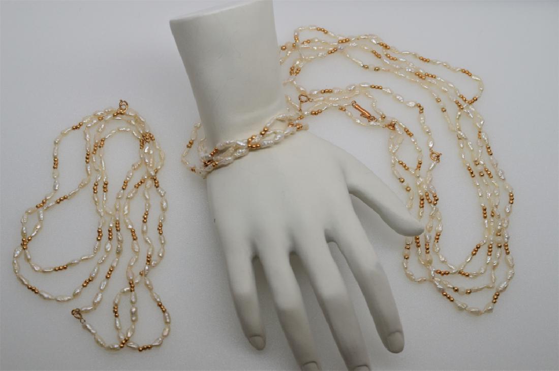 Lot of Natural Rice Pearl Necklaces & Bracelets: (4) 16" necklaces, (2) 18" necklaces, (3) 7" bracelets all with 14k yellow gold beads & clasp, 16" & 18" necklaces, 7" bracelets