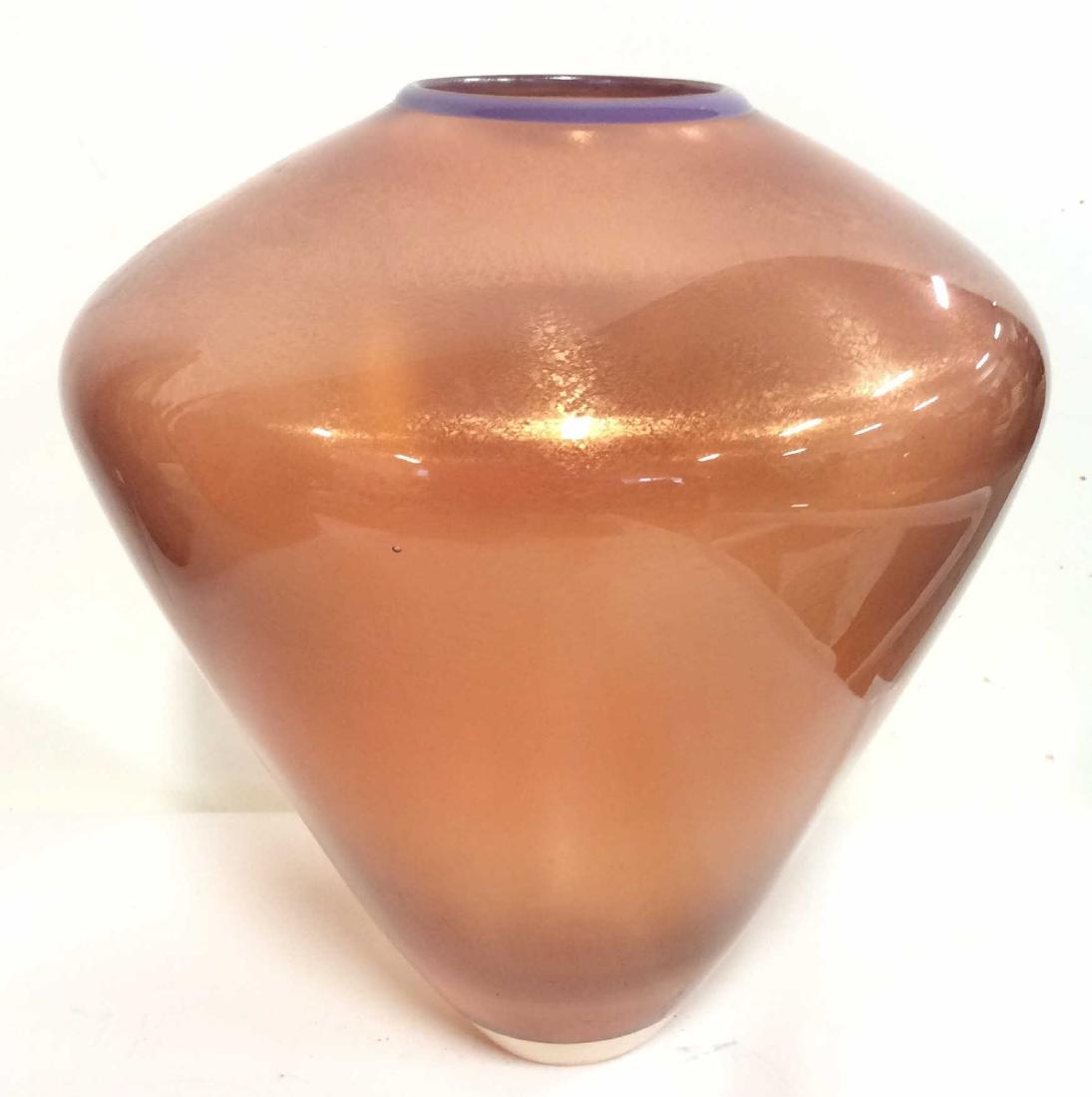 Vintage Signed Art Glass Vase: Vintage Signed Art Glass Vase. Signed on underside as Young Coustautin. Vintage c 1984 art glass, studio glass vase with thin opening and oblong body. Light pink toned. Measures approx 10 in tall by 8