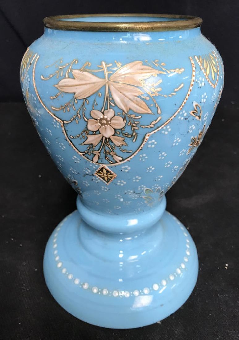 Vintage Blue Opaline Glass Vase Hand Painted: Vintage art glass, possibly antique, blue opaline raised paste floral details, metal rim, good condition, measures ht app 9 inches