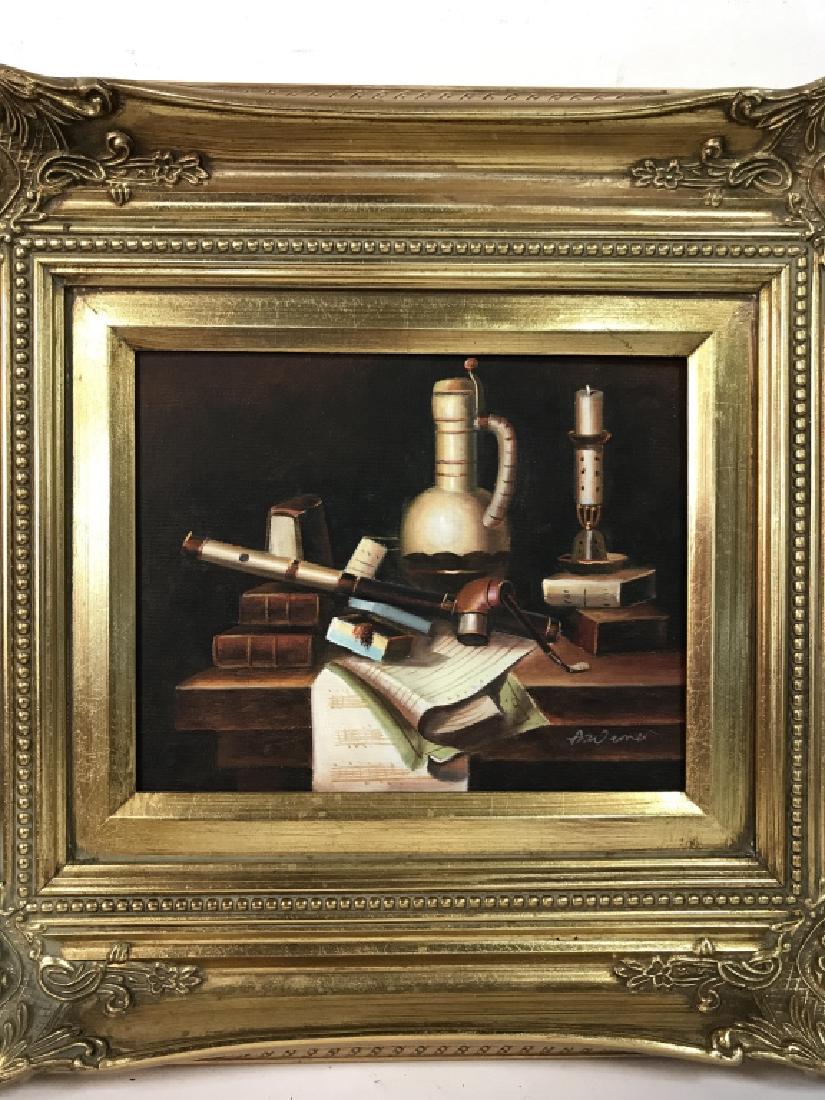 Signed Oil On Board Still Life Poss European: Framed Oil On Board Still Life Poss European, illegibly signed. An Oil on board painting depicting a still life of books, sheet music, candles and pitcher on tabletop. Signed illegibly in lower right 