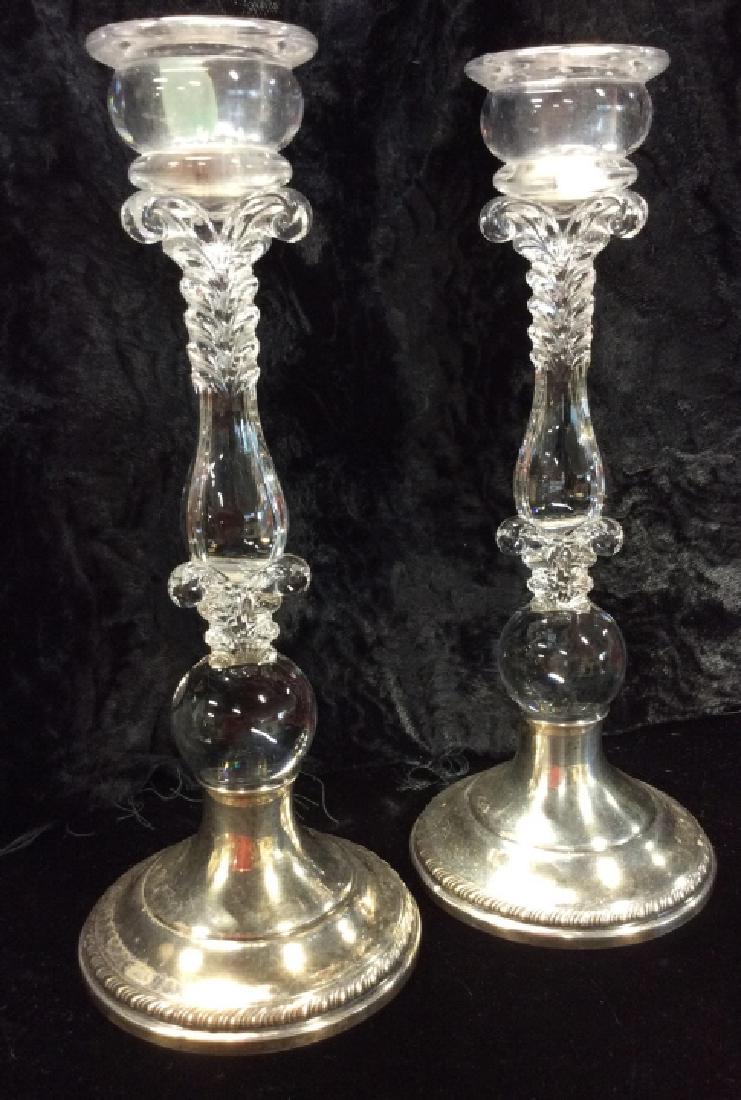 Pair Antique Sterling Silver W Glass Candlesticks
