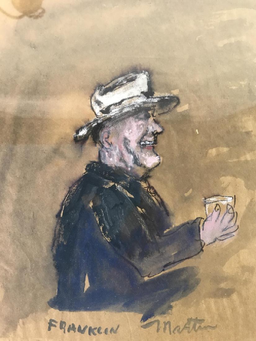 JAMES MARTIN Franklin Painting On Paper: Painting depicts a male figure wearing a hat and holding a drink. lower area reads “Franklin MARTIN”. piece is professionally framed with black toned frame. Measures approx 12 inches tall 11 inche