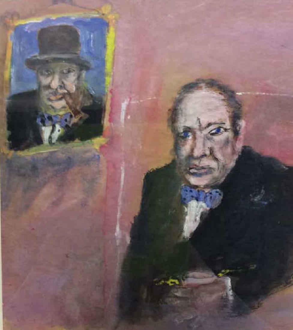 JAMES MARTIN Seated Man Painting On Paper: Seated male figure with portrait above, professionally framed and matted measures app 14 by 13 inches, James Martin was born in Everett, Washington in 1928. With a BA in creative writing from the Univ