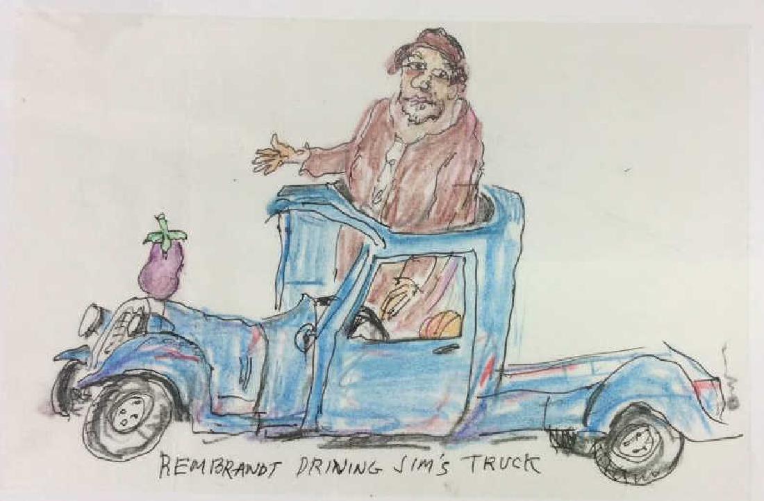JAMES MARTIN, Rembrandt Driving Jim’s Truck: Illustration artwork on Paper, Eggplant Hood Ornament On Vintage Truck with Rembrandt , professionally Framed and matted measures ht 9 inches by app 12.5 inches James Martin was born in Everett, Washi