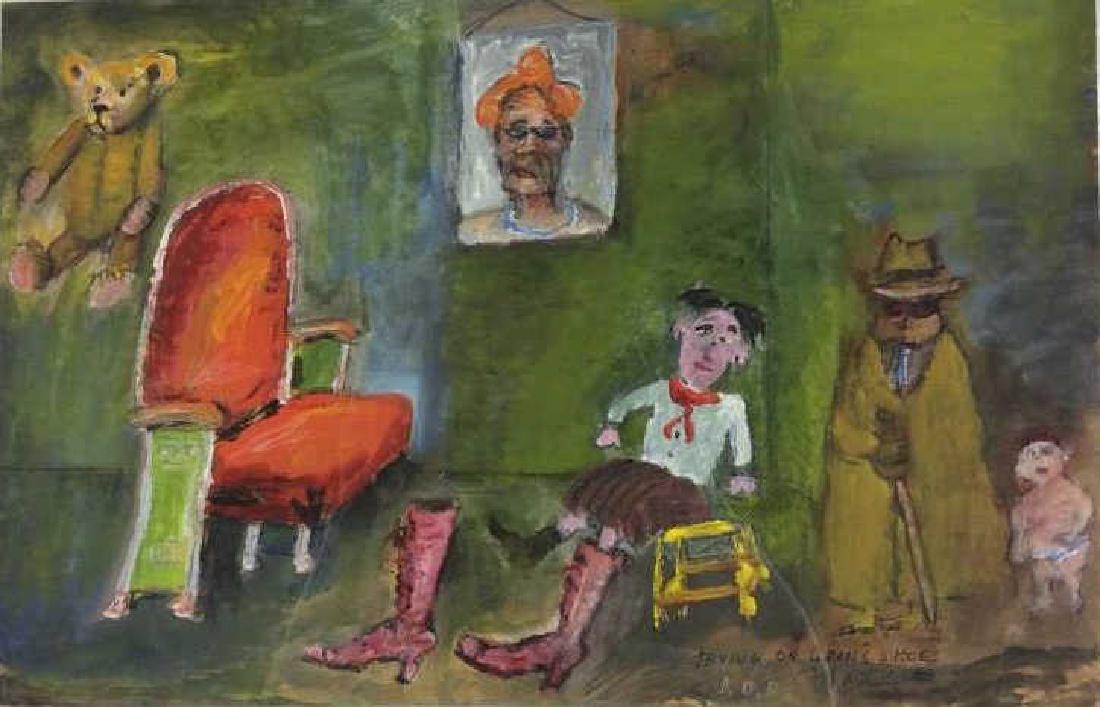 JAMES MARTIN,Trying on Grans Shoes, Painting: Signed lower right and titled, painting on paper Signed , professionally framed and matted measures app 18 by 25 inches James Martin was born in Everett, Washington in 1928. With a BA in creative writ