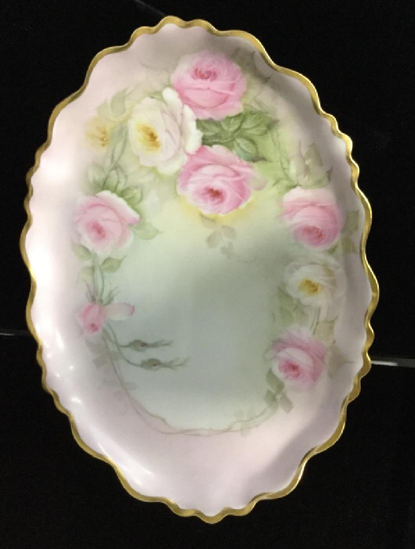 Vintage Gold Rimmed Porcelain Platter: Hand painted, good condition, marked underside M and Z, additional markings illegible, measures app 9 by 12 inches, collectible tableware, tabletop accessories, signed on front of platter by artist, p