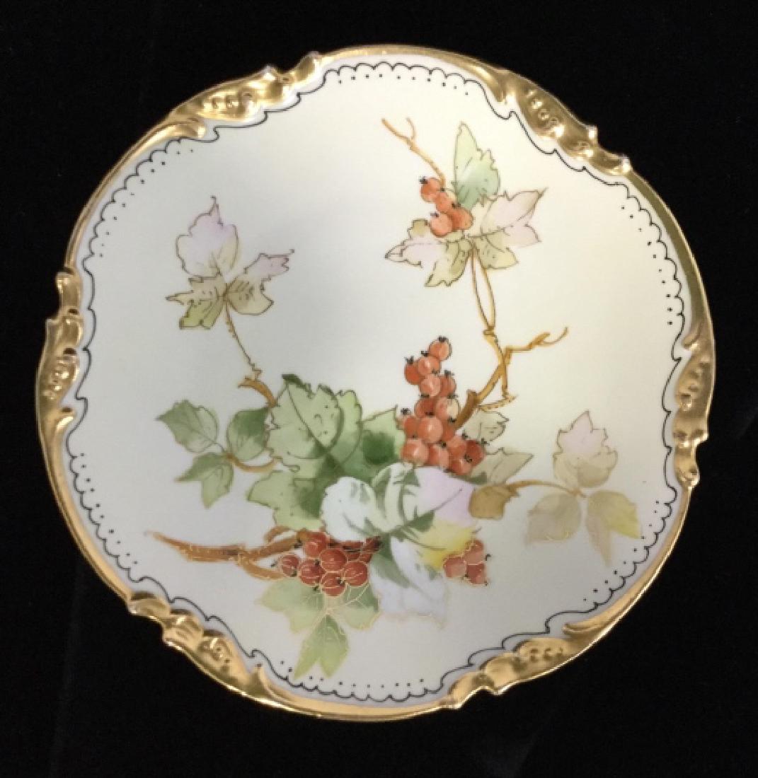 JPL France Antique Porcelain Plate: Hand painted with gold trim and paste up, marked underside illegibly, measures diameter app 7.5 inches. tableware, decorative porcelain table top,