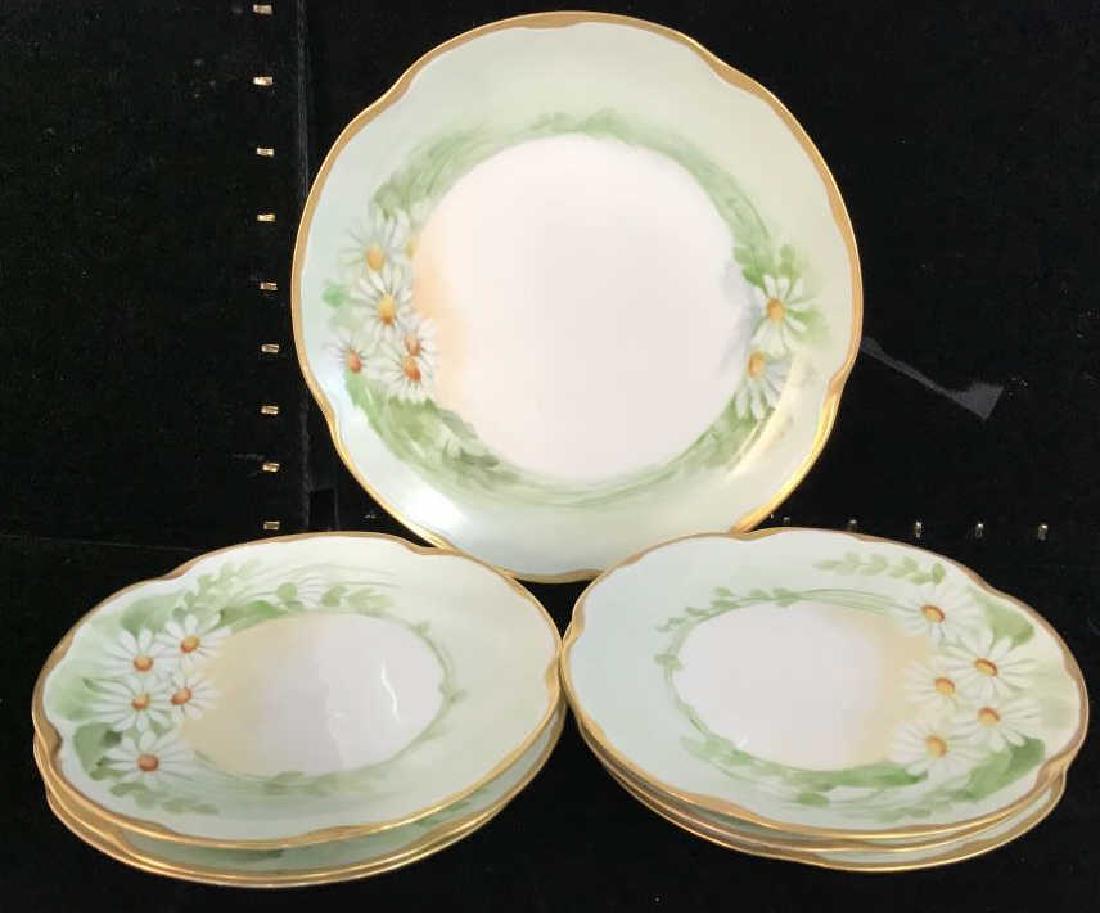 J&C Bavaria Painted Porcelain Dessert Set: Set includes cake plate diameter app 9 inches, six dessert plates diameter app 6.5 inches good condition, vintage possibly antique, porcelain tableware, dinnerware, marked for Louise Bavaria