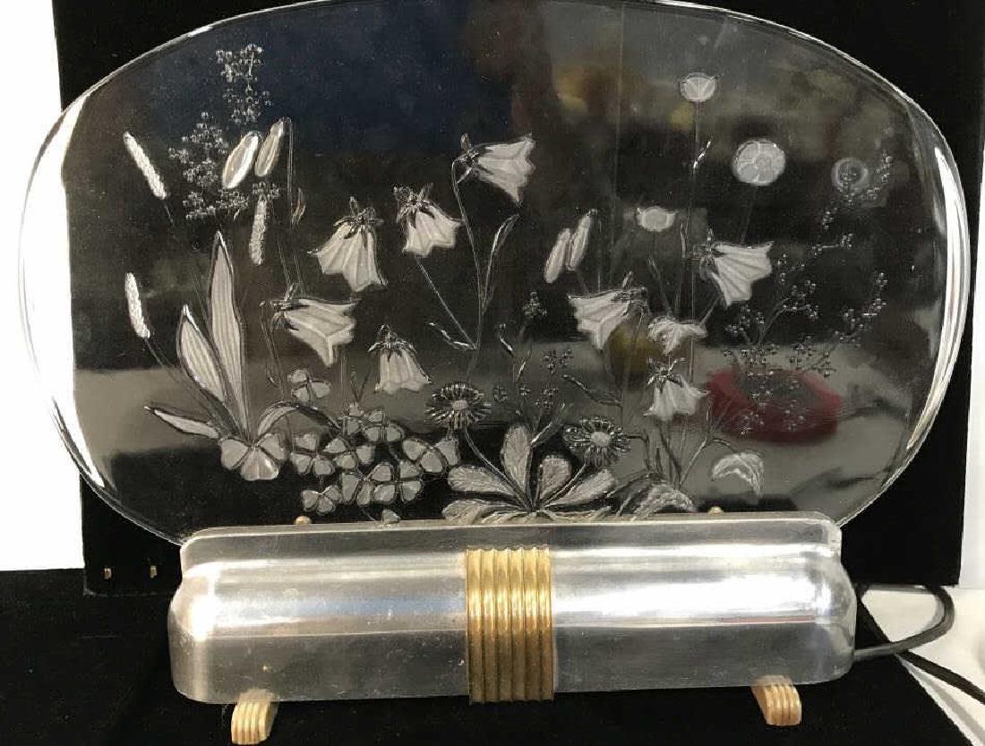 Art Nouveau Glass Light Up Sculpture: Piece has Art Deco art nouveau chrome and brass tubular base, inserted is art glass of frosted Relief garden scene in art nouveau arts and crafts, aesthetic movement style, outlet to light up art glas