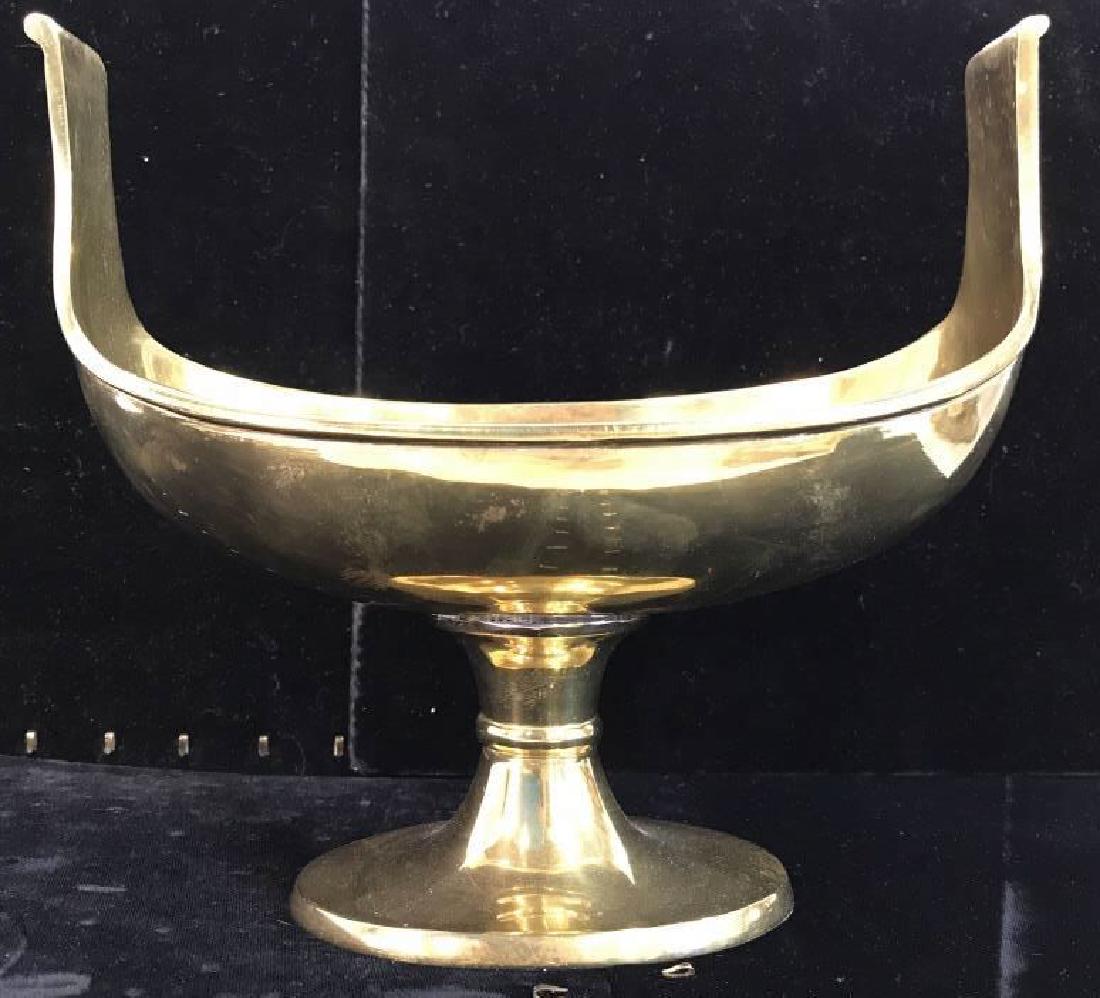 Lacquered Brass Footed Pedestal Bowl: Lacquered Brass Footed Pedestal Bowl. Decorative table top accessory, table ware, bowl vessel, measures ht 8.5 inches length app 9 inches