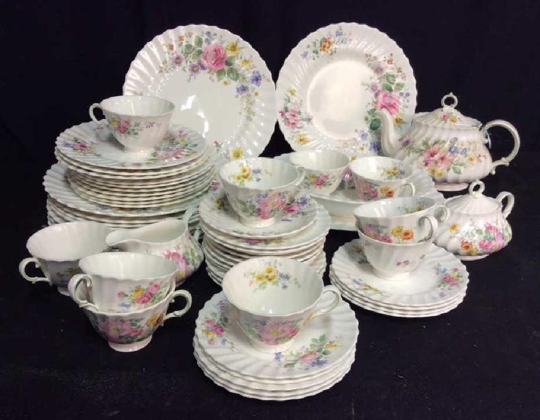 Set Royal Doulton English China Dinner Service: Pattern Arcadia, each marked, English Bone China, place settings, tableware, Dinner Service, Table Top Accessories, English Porcelain, Set includes lidded tea pot ht app 7 inches, oval serving platter