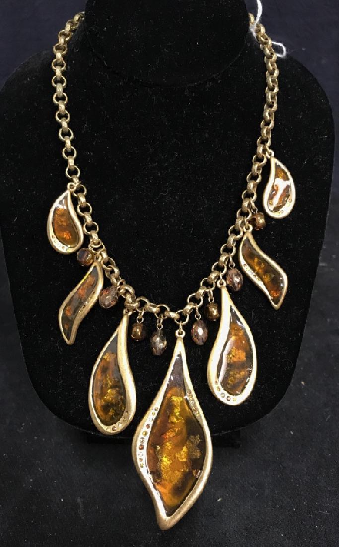 Costume Jewelry Faux Dangle Necklace: Shaped gold droplets with Carmel swirl toned inserts, CHICOS, drop to largest pendant app 12 inches Womens vintage costume estate jewelry.