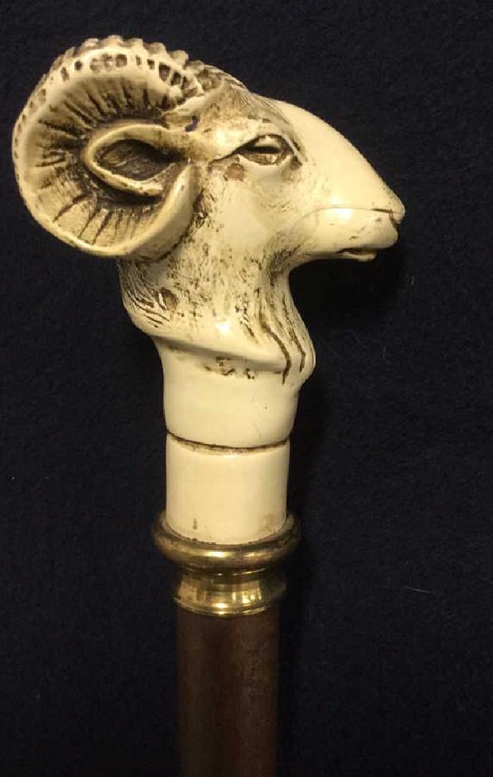 Vintage Cane Carved Possibly Bone Rams Head Top: Vintage Possibly Antique Hand Carved Walking Stick, Vintage Cane With possibly bone like Rams Head Top and wooden leg separated by brass toned metal. Sculpted rams head top is carved out of a possibly