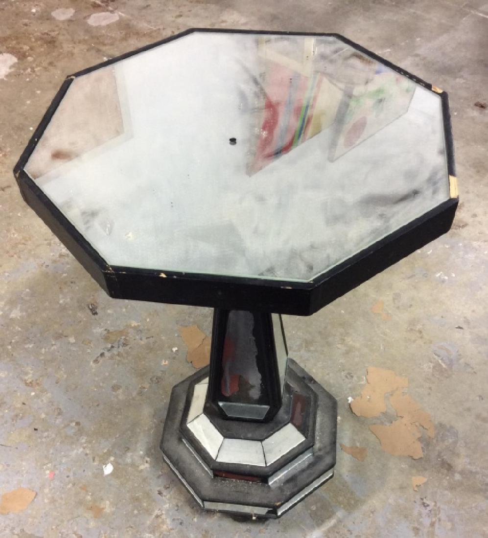 Vintage/Antique Mirrored Pedestal Table: Vintage/Antique Mirrored Pedestal Table. Black toned painted wood with mirrored pieces and ball feet. Some wear to wood and missing mirror pieces and broken pieces. pedestal end table, footed table, s