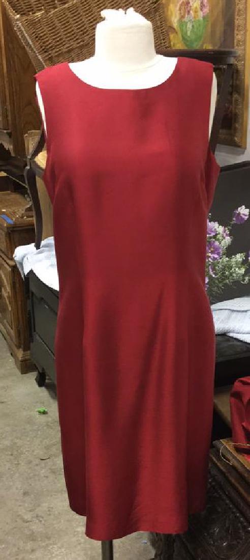 CRYSTAL CREEK Silk Dress and Blazer Set: CRYSTAL CREEK red toned blazer and dress set. 100% silk, made in China. Blazer contains 3 buttons and collar. dress has zipper down back. Dress has high neck line and no sleeves. Measures Jacket 17 in