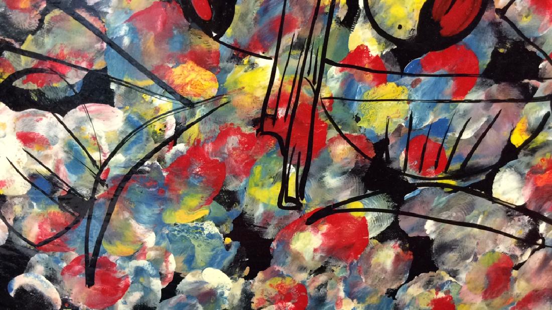 Set 8 Composite Board Painted Placemats&Coasters: Set 8 Composite Board Painted Placemats and Coasters. Appears to be signed Gregory Osroustel. black toned painted board, with brightly colored painted abstract design. Largest piece measures approx 12