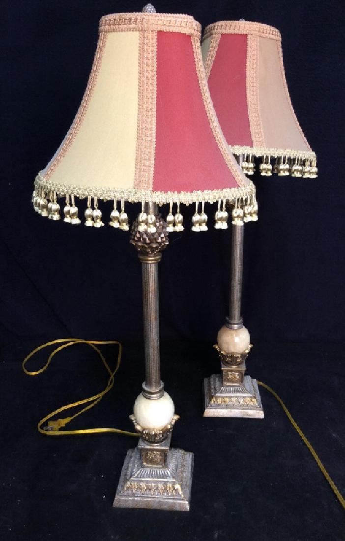 Pair Marble and Silver Leafed Lamps w Shades (1 of 8)