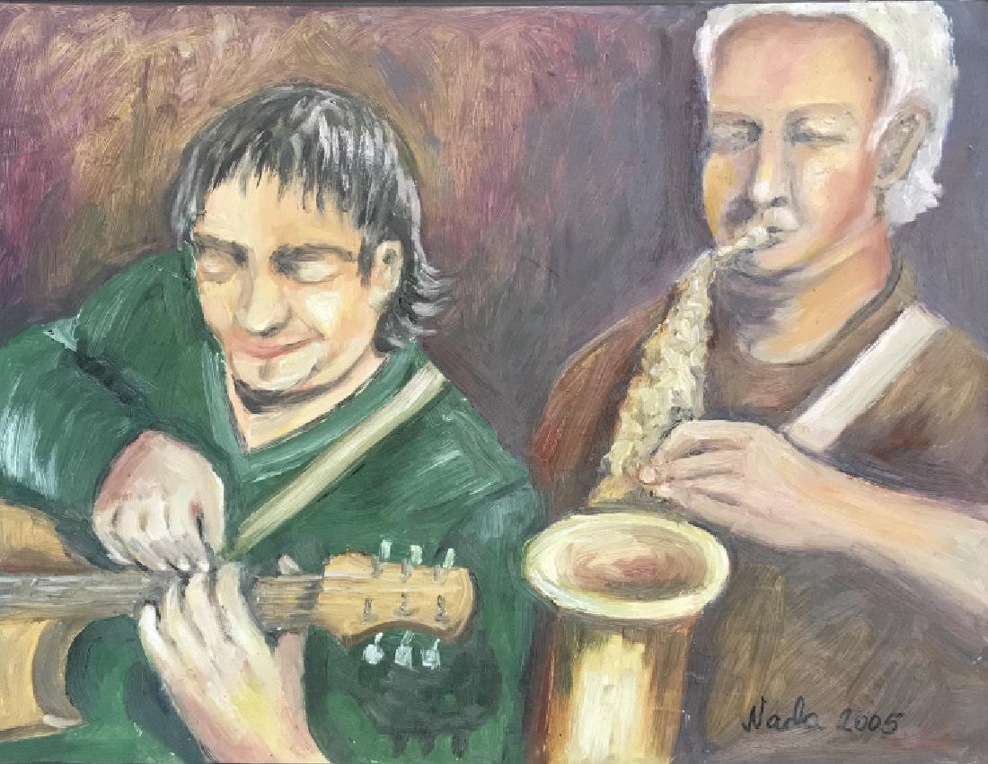NADA, 2005, Painting on Canvas, Musicians: Two musicians guitar and saxophone, painted on Canvas, signed dated lower right, professionally framed, measures app 19.5 by 24 inches. Wall art, framed art, home decor.