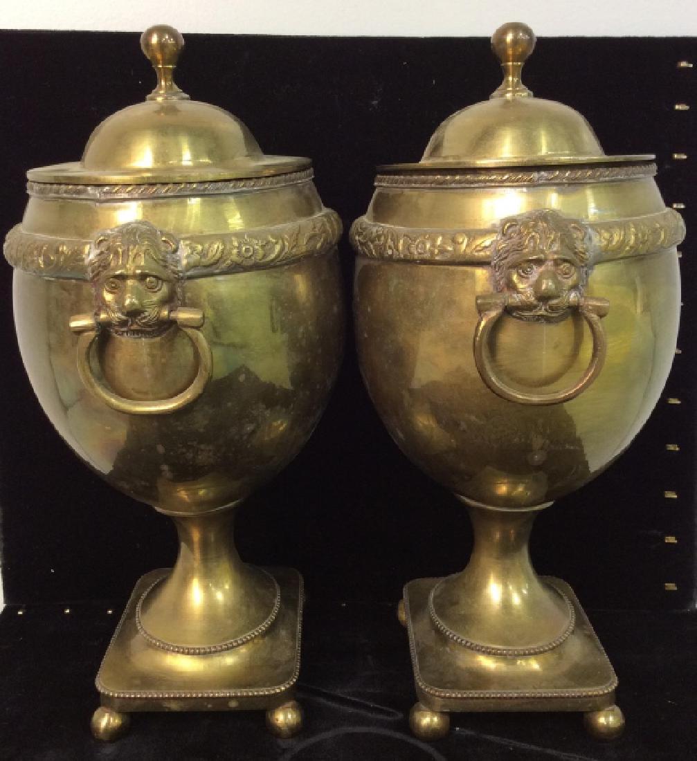 Pair Gold Toned Brass Lion Head Detailed Urns (1 of 8)