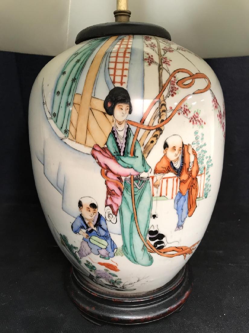Oriental Painted Porcelain Lamp W Shade (1 of 10)