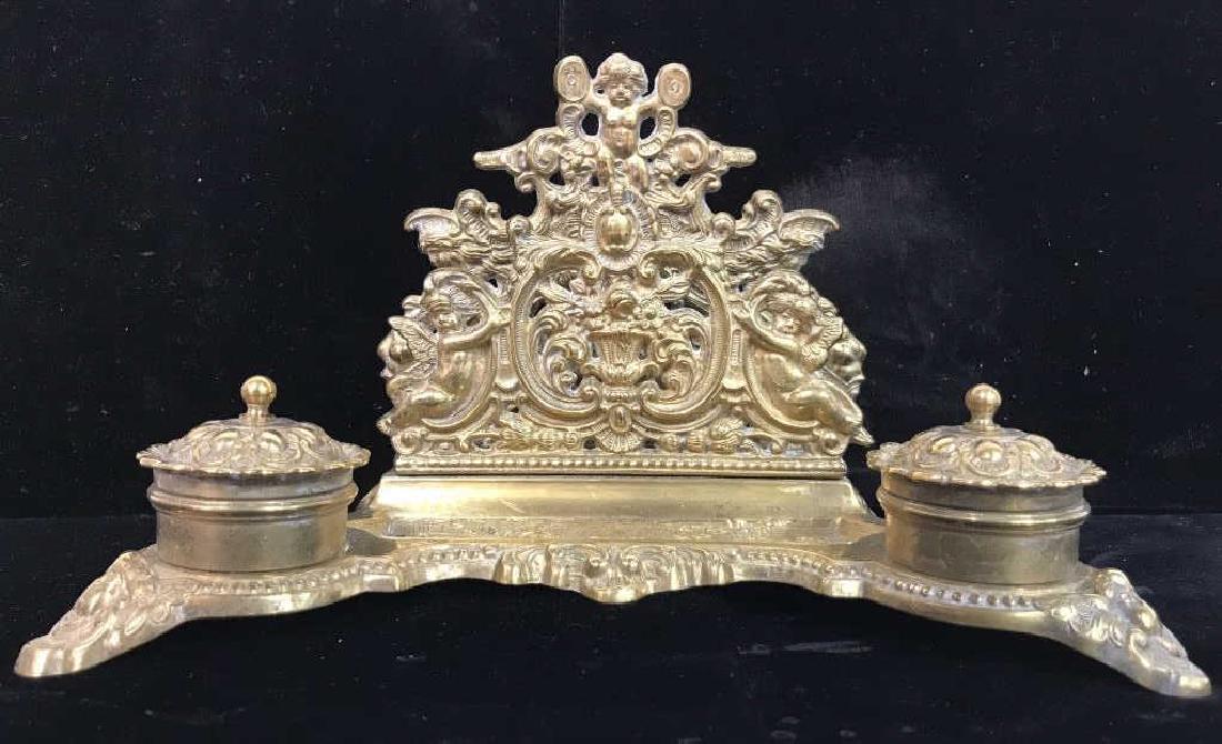 Gold Toned Ornate Brass Inkwell W Letter Holder (1 of 9)
