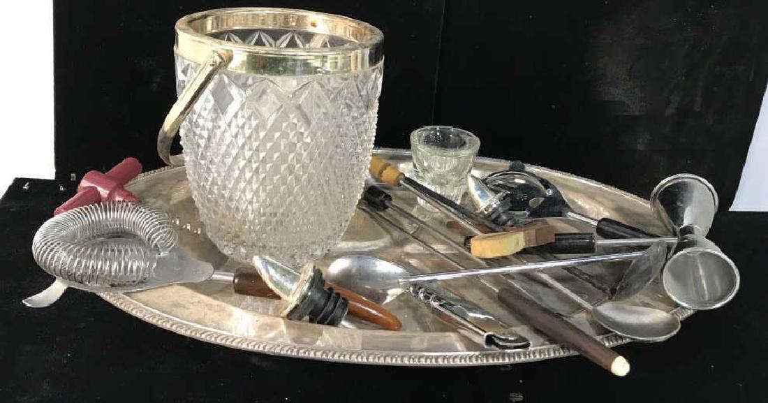Footed Silver Pl Tray, Ice Bucket, Accessories: Silver plate serving platter measures 16 inches length with cut glass and silver plate ice bucket with bar tools, drinks tools and accessories, tableware, barware,