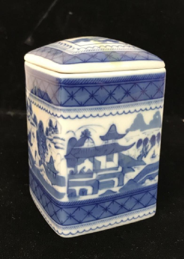 Mottahedeh Lidded Porcelain Box: Blue and white asian Design Porcelain, Marked for Mottahedeh, good condition, additional illegible markings, also says Historical Charleston Reproductions, measures ht app 5 inches, box, canister, kee