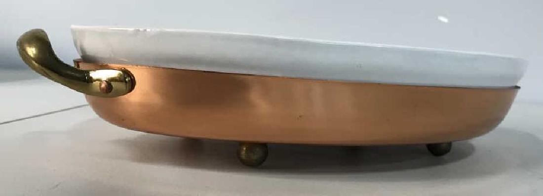 Footed Copper Serveware w Ceramic Insert: Good condition, possibly never used, marked made in Portugal, kitchen ware, table ware measures app ht 3 inches, 14 by 9 inches