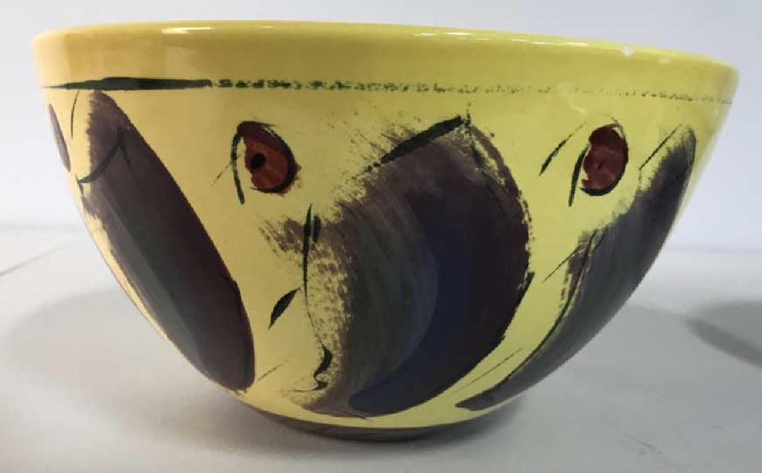 Bright Yellow Ceramic Centerpiece Bowl: Decorative table top accessory, contemporary abstract brush stroke design, tableware, fruit bowl, good condition measures ht app 5.5 inches diameter app 9.5 inches