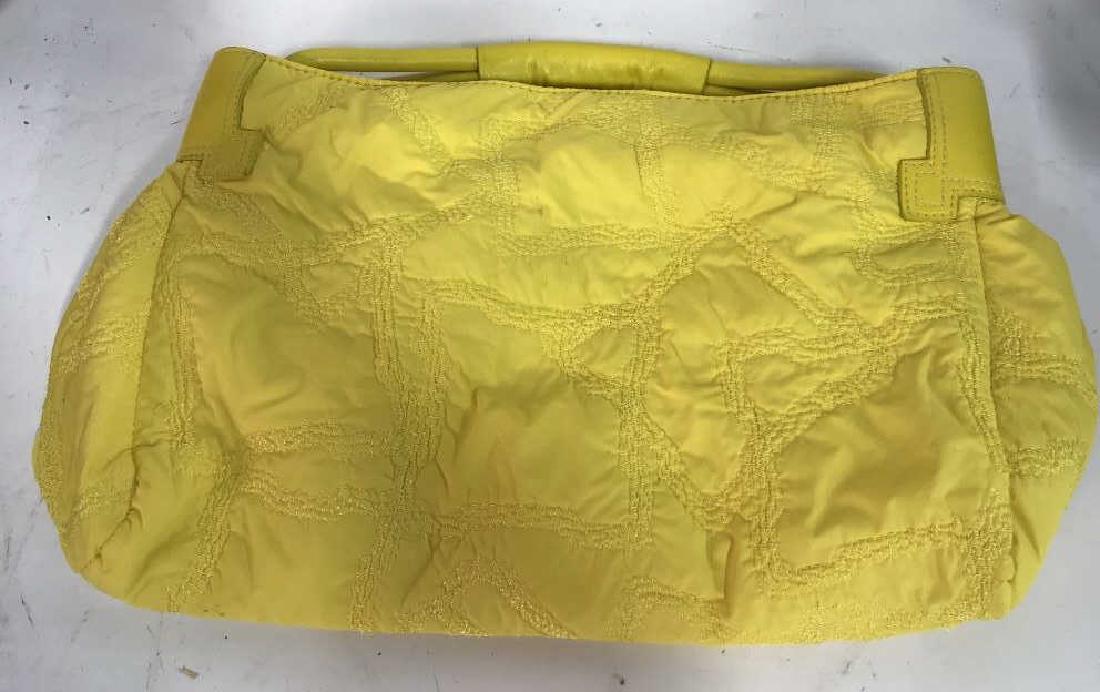 Laura Biagiotti Neon Yellow Ladies Pocketbook: Yellow nylon purse, pocketbook, tote, shoulder bag, with detailed window pane stitching leather handle and trim, measures app 11 inches without straps, width app 16 inches, property of Palm Beach Flor