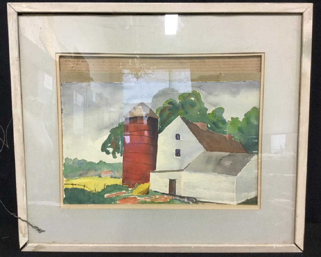 Framed Farmhouse Watercolor Painting: Piece is professionally framed with wooden frame. Depicts a farmhouse. Frame, glass, & wire need repair. Measures approx 24 inches long 20 inches tall Wall art, framed art, home decor, home accessory.