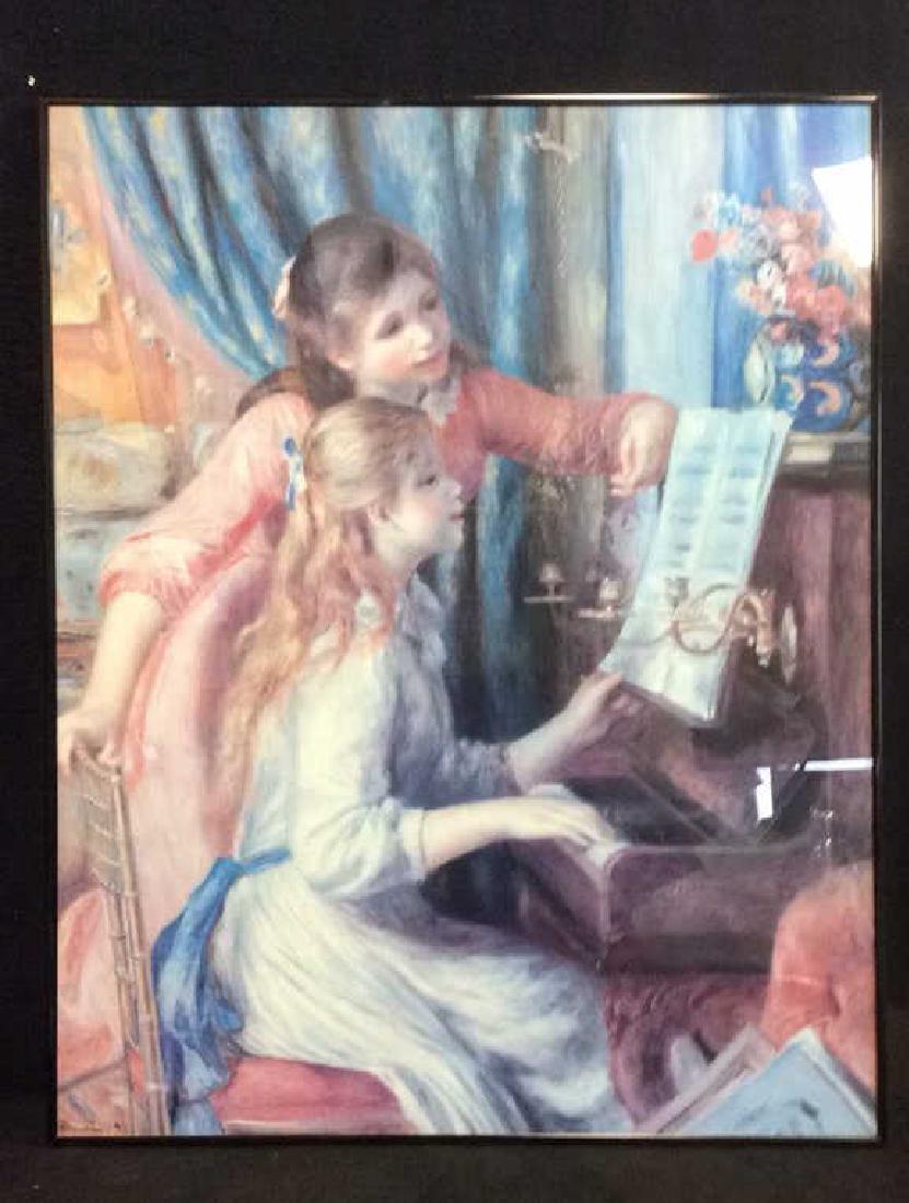 Framed Girls On Piano Print: Piece appears to be a a print. Professionally framed with black toned frame. Depicts 2 young female figures learning music on piano. Measures approx 30 inches tall 24 inches wide. Wall art home decor 