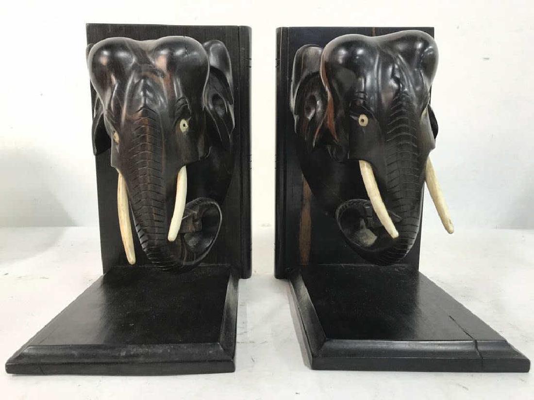 Pair Carved Wooden Elephants Bookends (1 of 10)