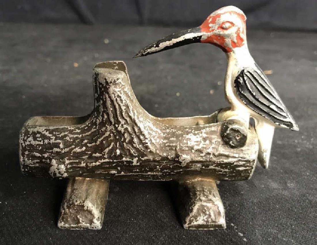 Painted Metal Tooth Pick Bird Dispenser, HRE: Vintage possibly antique painted metal bird on a log, holder for tooth picks moveable bird with beak that grabs tooth picks, table top collectible, home decor, decorative kitchen accessory, measures h