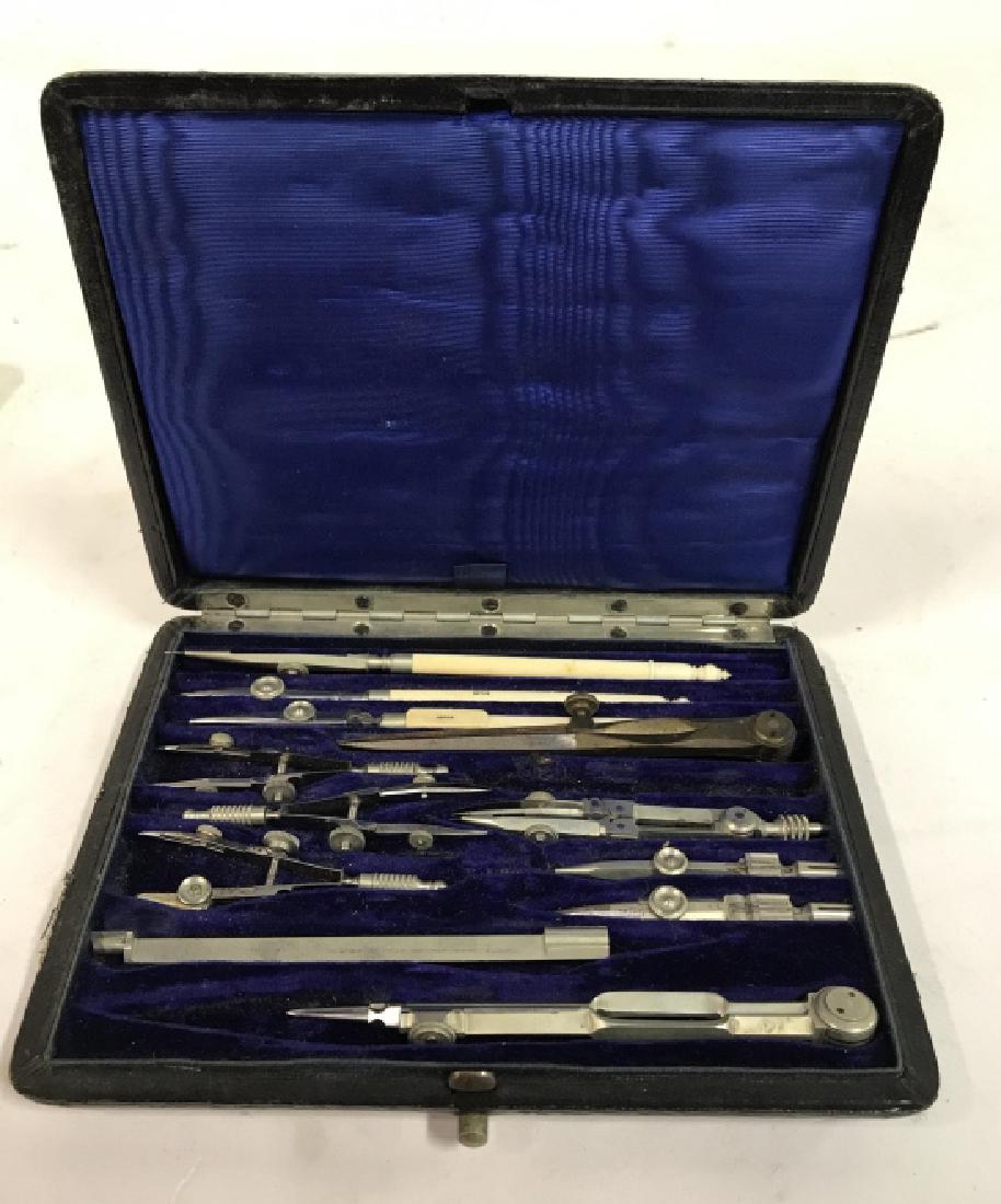 Antique Leather Cased Draftsmans Tool Set: Vintage possibly antique architects tool, draftsmanship tools, engineers tools, carved bone handles, metal, each tool in case in satin lined fitted nesting spaces, app 12 tools, collectible, ,case mea