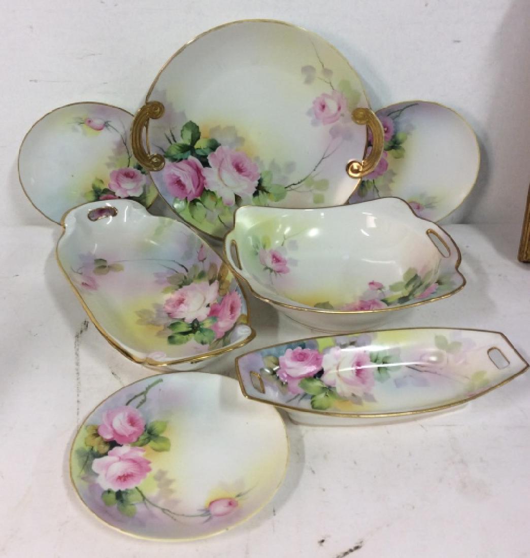Group Hand Painted Nippon Porcelain Tableware: Vintage porcelain table top serveware, table service, Accessories, decorative tableware, bowls platters and plates, all marked underside for hand painted Nippon, platter measures app diameter 11 inche