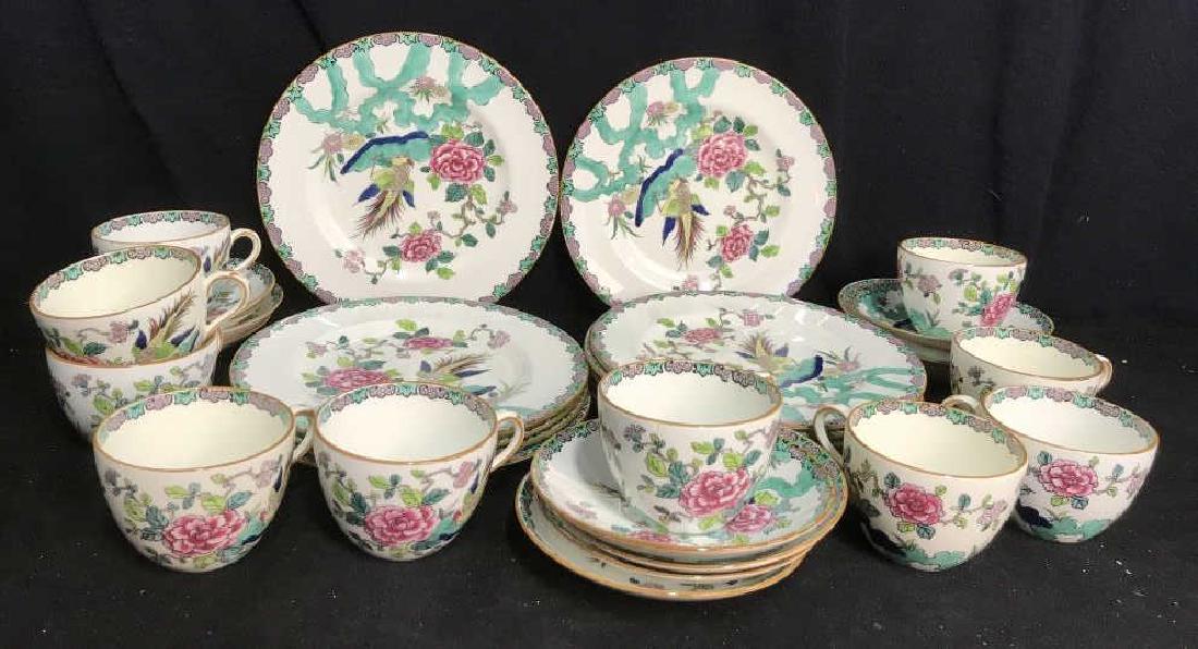 Stanford shire English Porcelain Dessert Service: Set includes 12 dessert or lunch plates each measures app 8 inches, 10 cups and 12 saucers, each marked for Staffordshire, England, fine Bone China, porcelain tableware, Asian style design birds and g