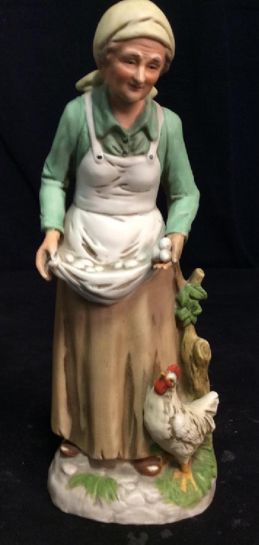 Bisque Porcelain Marked Figural: Woman with chicken and eggs, trade marked underside, measures app 10 inches ht, good condition. Decorative tbaletop, home decor, mantle shelf decor.