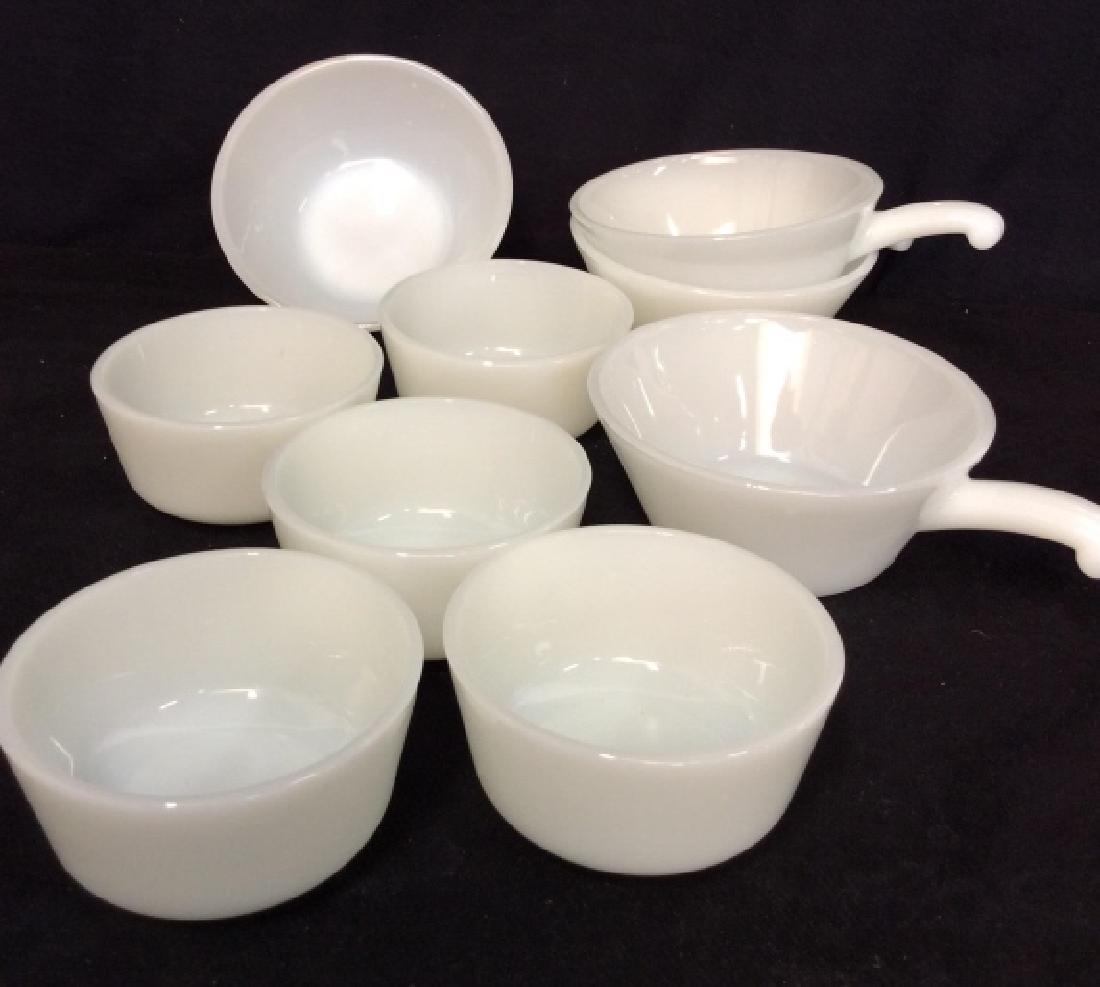 Group of Milk Glass Cups And Soup Bowls: 9 Milk Glass Cups And Bowls 5 Cups And 4 soups, soups approx 5 in diameter and cups approx 4 in Marked on bottom made in USA , Milk Glass, Tableware, Soup Bowls, tableware, tabletop accessories.