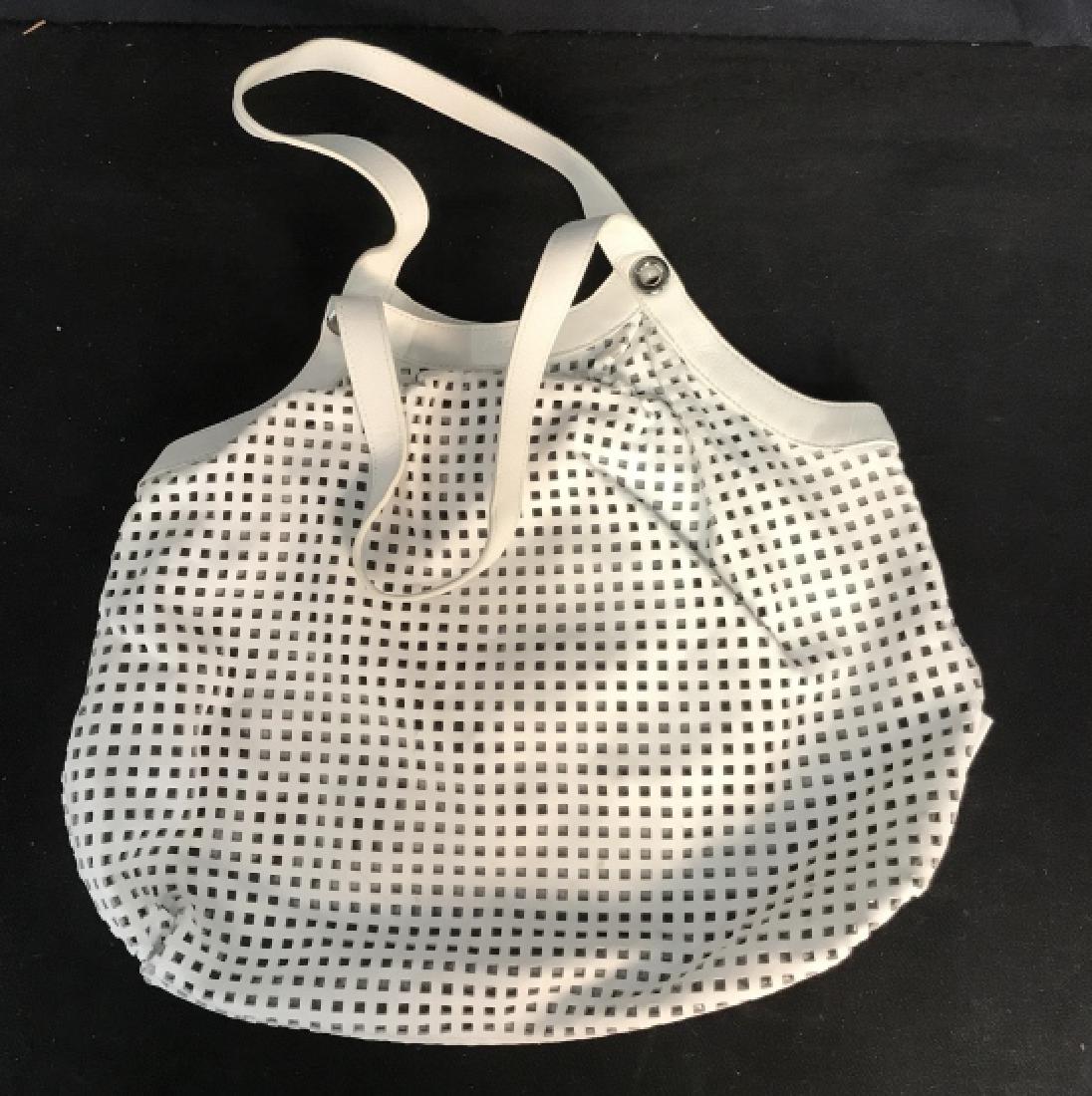 LACOSTE White Leather Pocket book: Purse, tote bag, carry all, shoulder bag, good condition, marked for Lacoste, measures app 21 inches to strap top width app 17 inches Womens designer, luxury fashion accessories.