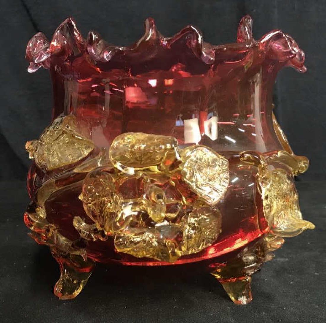 Footed Cranberry Glass w Gold Leaf Relief (1 of 19)