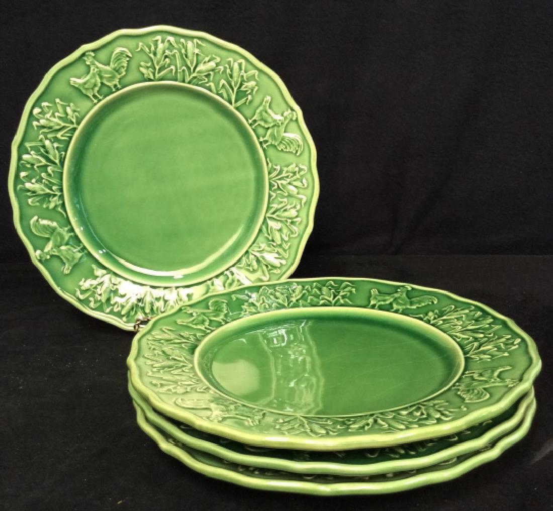 4 Plate Set Of Green Painted Country Dinner: 4 Painted green plates decorated with chickens roosters in the corn fields, underside marked Bordallo Pinneiro, Portugal, Made in Portugal, each 10 1/2 in good condition, Portuguese Tableware, Painted