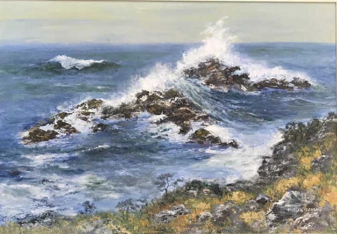 Shirley Fernekes, “Sea at Kennebunkport, Maine Art: Painting on board of seascape, shoreline, View of Rocky Coast Line, waves crashing, Signed on lower right, Shirley Fernekes, oil on board, 28 in x 20 in to outside of frame, label on back for Custom F