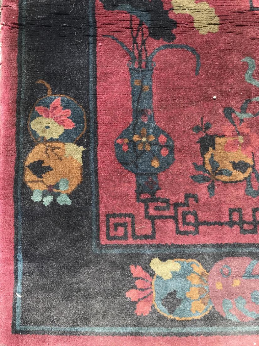 Handmade Antique Chinese Art Deco Wool Rug: rug is handmade. Contains tones of cranberry, brow, navy, and olive. Contains floral and vase detail. contains some tears around edges. Measures approx 52 inches long 31 inches wide. Oriental Carpet, 